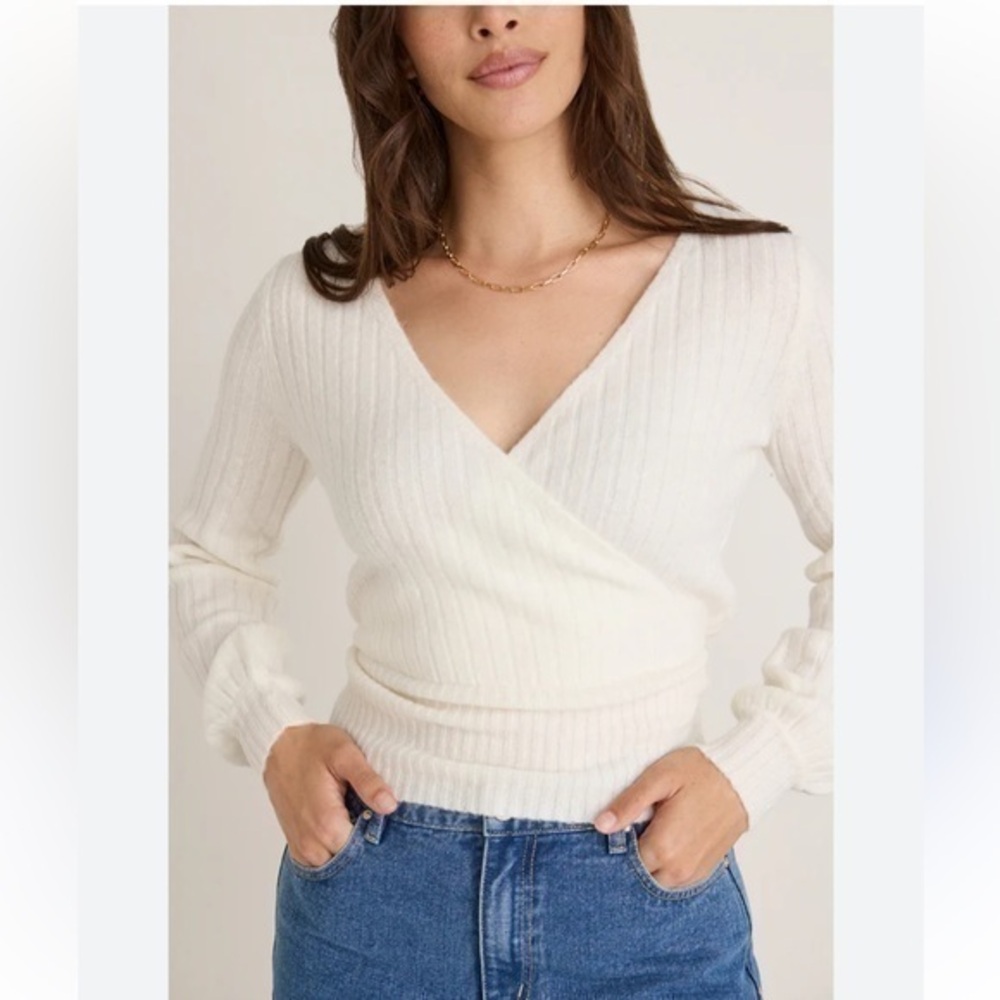 Urban Outfitters Creme Ribbed Crossover Sweater Balletcore Size Small